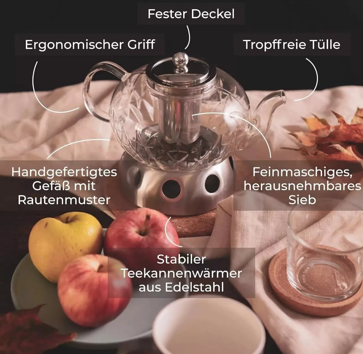 PYKAL Glas Teekanne mit Siebeinsatz + Stövchen Set Teebereiter mit Teelichtofen