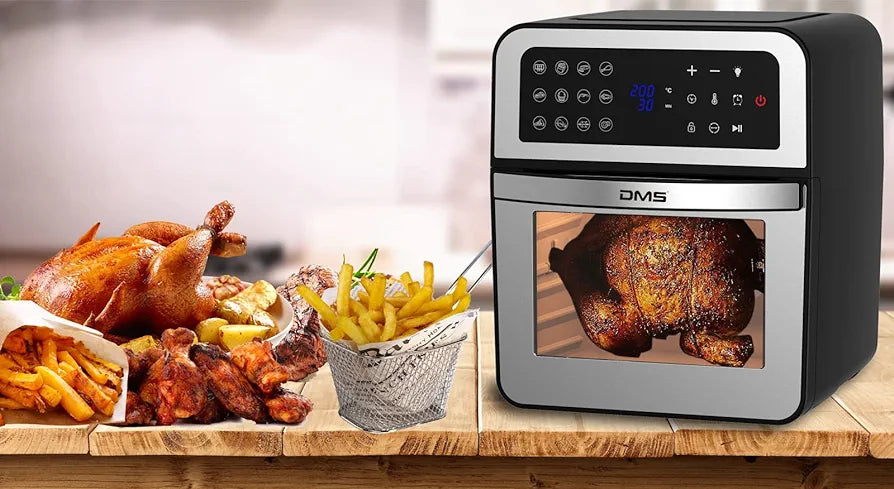DMS XXXL 12 Liter Heißluftfritteuse Fritteuse| Backofen | Heißluftgrill | Dörrautomat | Drehgrill und Drehspieß | fettfrei und ohne Öl | inklusive 12 Programmen und digitalem Touch Display | 1800 Watt