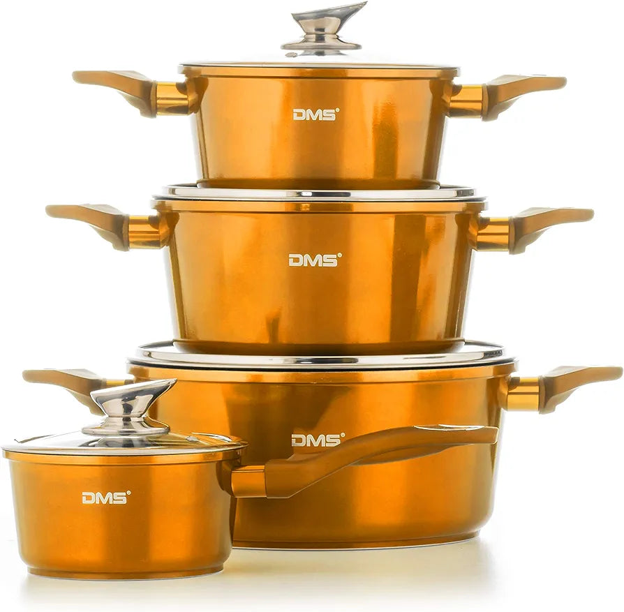 DMS 15-teilig Induktion Kochgeschirr Kochset Töpfe Pfannen Set Bratpfanne Kasserolle Suppentopf mit Glasdeckel 3 Küchenutensilien 2 Topfuntersetzer Marbel Beschichtung Spülmaschinengeeignet (Kupfer)