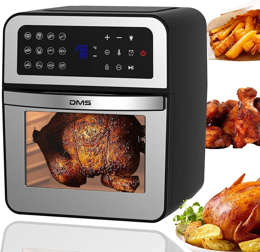 DMS XXXL 12 Liter Heißluftfritteuse Fritteuse| Backofen | Heißluftgrill | Dörrautomat | Drehgrill und Drehspieß | fettfrei und ohne Öl | inklusive 12 Programmen und digitalem Touch Display | 1800 Watt