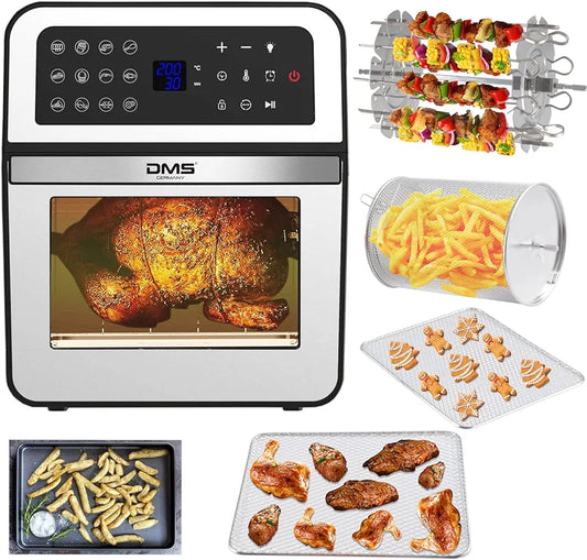 DMS XXXL 12 Liter Heißluftfritteuse Fritteuse| Backofen | Heißluftgrill | Dörrautomat | Drehgrill und Drehspieß | fettfrei und ohne Öl | inklusive 12 Programmen und digitalem Touch Display | 1800 Watt