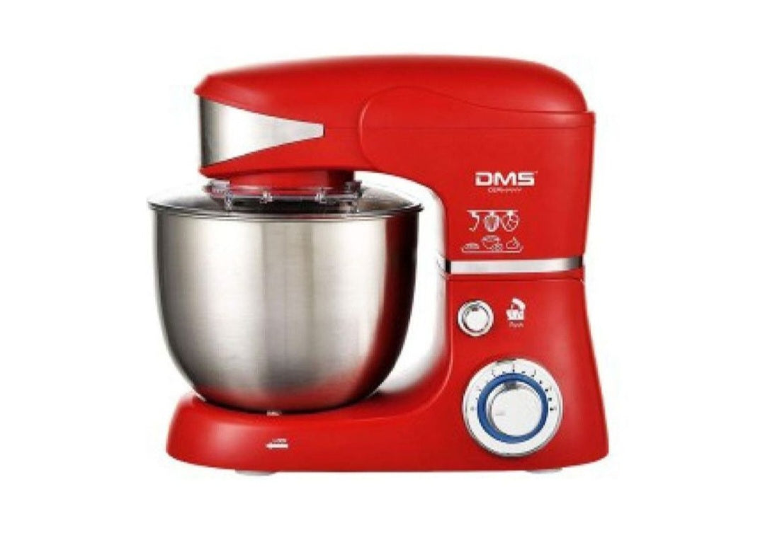 DMS Küchenmaschine | Knetmaschine und Rührmaschine 5 Liter Edelstahlschüssel mit Deckel | 6 Geschwindigkeitsstufen | Spritzschutz | Leistung von 1500 Watt | Rot
