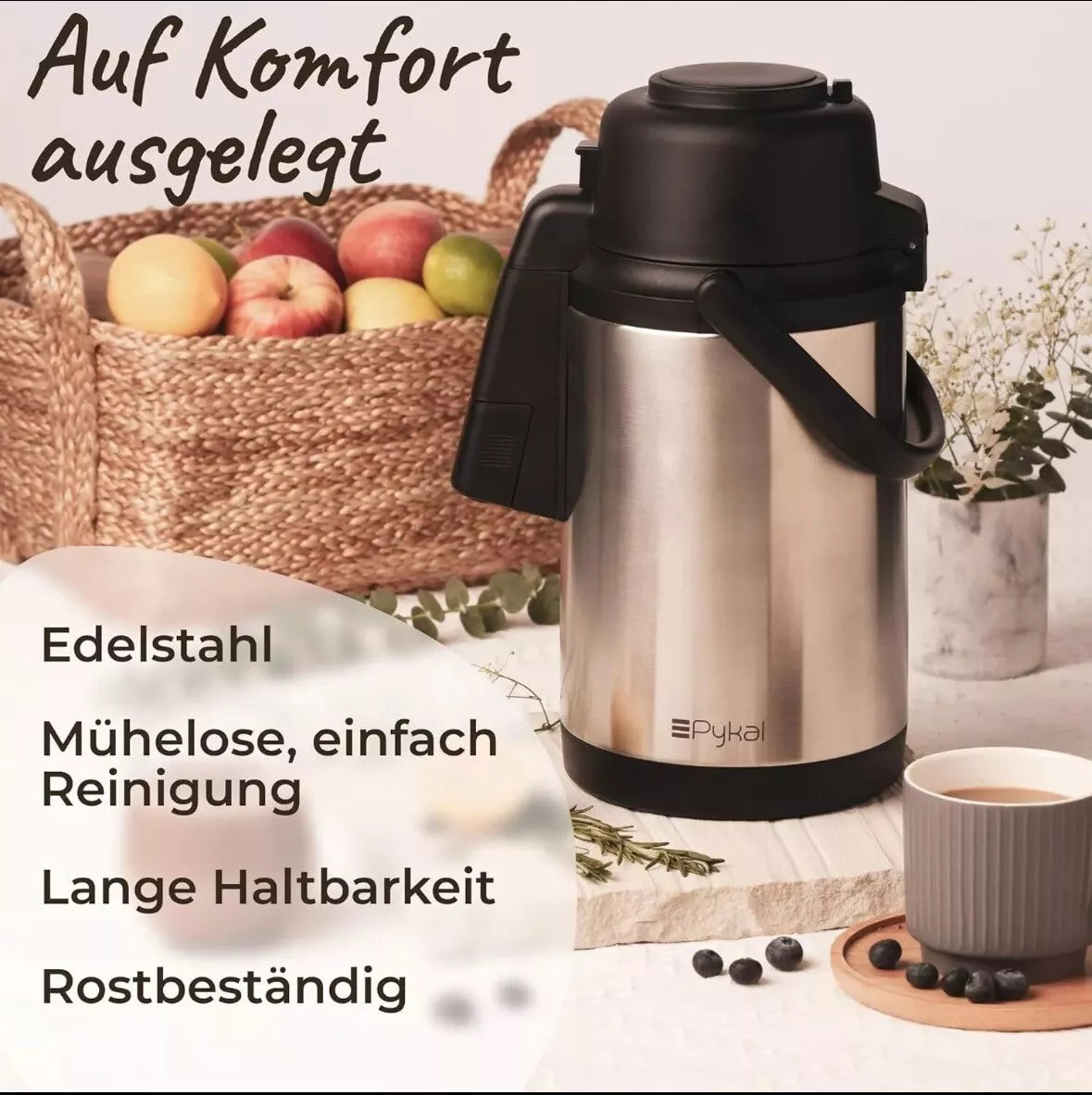 Pykal Kaffee-Dekanter – Isolierter Thermo-Heißgetränkespender mit Pumpe – 3,5 l
