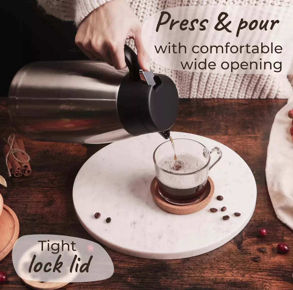 PYKAL Thermoskanne 2 Liter Thermo Isolierkanne Kaffekanne Heiß, Kalt Edelstahl