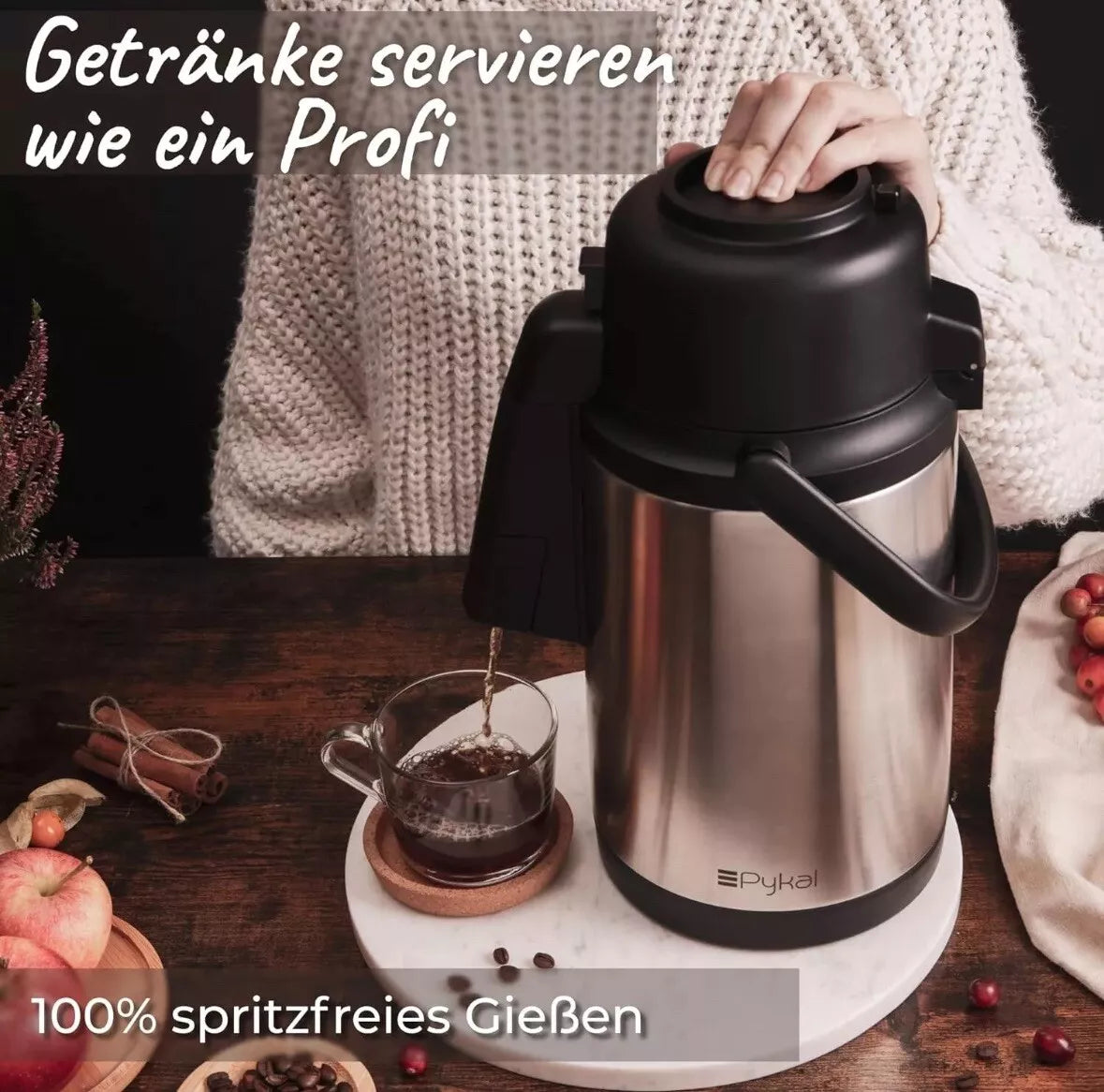 Pykal Kaffee-Dekanter – Isolierter Thermo-Heißgetränkespender mit Pumpe – 3,5 l
