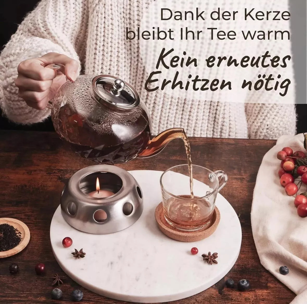 PYKAL Glas Teekanne mit Siebeinsatz + Stövchen Set Teebereiter mit Teelichtofen