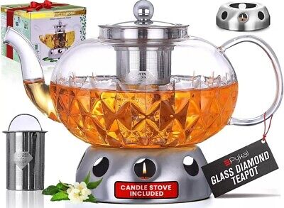 PYKAL Glas Teekanne mit Siebeinsatz + Stövchen Set Teebereiter mit Teelichtofen